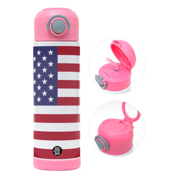 USA Flag, Children's hot water bottle, stainless steel, with safety straw, PINK (500ml)
