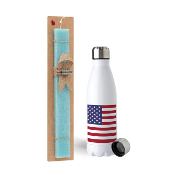 Σημαία Αμερικής, Πασχαλινή Λαμπάδα με μεταλλικό παγούρι ανοξείδωτο (750ml) & κερί αρωματικό πλακέ (30cm) (ΤΙΡΚΟΥΑΖ)