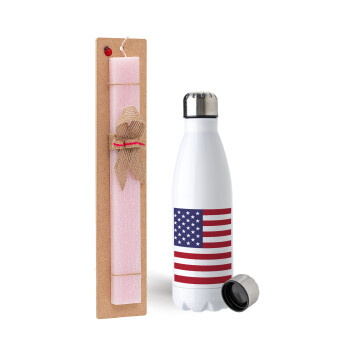 USA Flag, Easter Set, metallic stainless steel water bottle (750ml) & scented flat Easter candle (30cm) (PINK)
