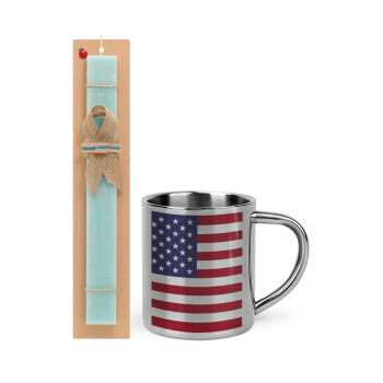 Σημαία Αμερικής, Πασχαλινό Σετ, μεταλλική κούπα θερμό (300ml) & πασχαλινή λαμπάδα αρωματική πλακέ (30cm) (ΤΙΡΚΟΥΑΖ)
