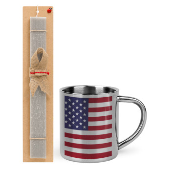 USA Flag, Easter Set, metallic thermal cup (300ml) & Easter aromatic flat candle (30cm) (GRAY)
