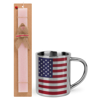 Σημαία Αμερικής, Πασχαλινό Σετ, μεταλλική κούπα θερμό (300ml) & πασχαλινή λαμπάδα αρωματική πλακέ (30cm) (ΡΟΖ)