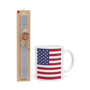 USA Flag, Easter Set, Ceramic Cup (330ml) & Easter aromatic flat candle (30cm) (GRAY)