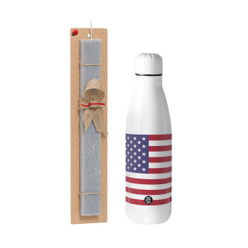 USA Flag, Easter Set, metallic stainless thermos bottle (500ml) & scented flat Easter candle (30cm) (GRAY)