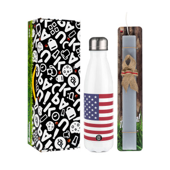 USA Flag, Easter candle, metallic white thermos bottle (500ml) & aromatic flat candle (30cm) (GRAY)