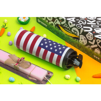 Σημαία Αμερικής, Πασχαλινή Λαμπάδα με Travel Tumbler θερμό με διπλό καπάκι (600ml, BPA free) & κερί αρωματικό πλακέ (30cm) (ΡΟΖ)