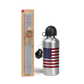 USA Flag, Easter Set, metallic silver aluminum water bottle (500ml) & aromatic flat Easter candle (30cm) (GRAY)