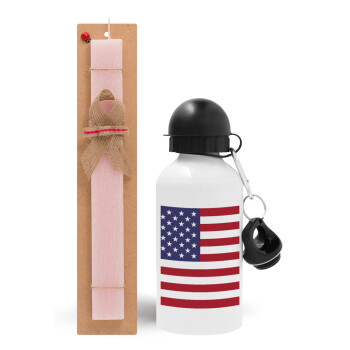 USA Flag, Πασχαλινό Σετ, παγούρι μεταλλικό αλουμινίου (500ml) & πασχαλινή λαμπάδα αρωματική πλακέ (30cm) (ΡΟΖ)