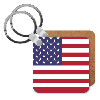 USA Flag, Μπρελόκ Ξύλινο τετράγωνο MDF