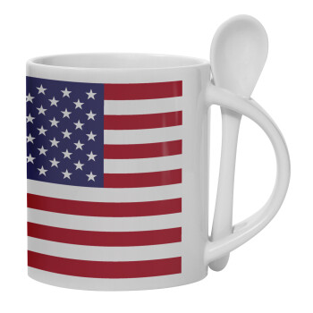 USA Flag, Ceramic coffee mug with Spoon, 330ml (1pcs)