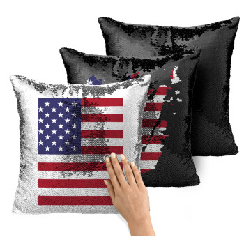 Σημαία Αμερικής, Μαξιλάρι καναπέ Μαγικό Μαύρο με πούλιες 40x40cm περιέχεται το γέμισμα