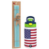 Easter Set, Children's thermal stainless steel bottle with safety straw, green/blue (350ml) & aromatic flat Easter candle (30cm) (TURQUOISE)