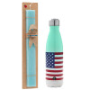 Easter Set, Metallic green/white thermos (Stainless steel), double-walled, 500ml & scented flat Easter candle (30cm) (TURQUOISE)