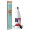 Easter Set, metallic stainless steel water bottle (750ml) & aromatic flat Easter candle (30cm) (TURQUOISE)
