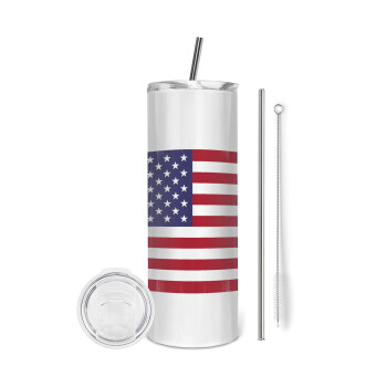 Σημαία Αμερικής, Eco friendly ποτήρι θερμό (tumbler) από ανοξείδωτο ατσάλι 600ml, με μεταλλικό καλαμάκι & βούρτσα καθαρισμού