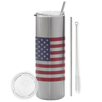 Σημαία Αμερικής, Eco friendly ποτήρι θερμό Ασημένιο (tumbler) από ανοξείδωτο ατσάλι 600ml, με μεταλλικό καλαμάκι & βούρτσα καθαρισμού