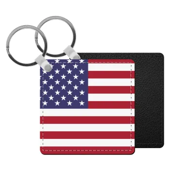 USA Flag, Μπρελόκ Δερματίνη, τετράγωνο ΜΑΥΡΟ (5x5cm)