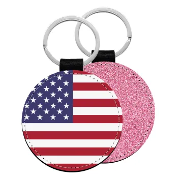 USA Flag, Μπρελόκ Δερματίνη, στρογγυλό ΡΟΖ (5cm)