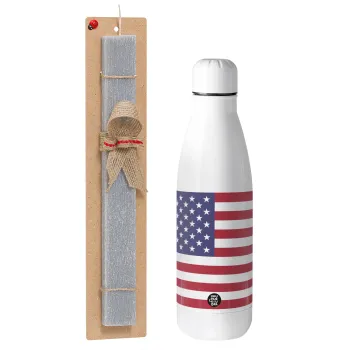 USA Flag, Easter Set, metallic stainless thermos bottle (500ml) & scented flat Easter candle (30cm) (GRAY)