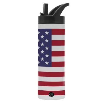 USA Flag, Metallic thermos bottle with straw & handle, stainless steel (Stainless steel 304), double-walled, 600ml.