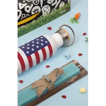 Σημαία Αμερικής, Πασχαλινή Λαμπάδα με παγούρι μεταλλικό (620ml, stainless steel) & κερί αρωματικό πλακέ (30cm) (ΤΙΡΚΟΥΑΖ)