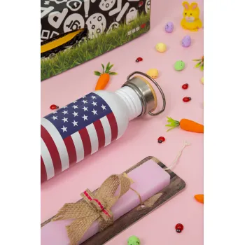 USA Flag, Easter Set, SS Metallic water bottle (620ml, stainless steel) & scented flat Easter candle (30cm) (PINK)
