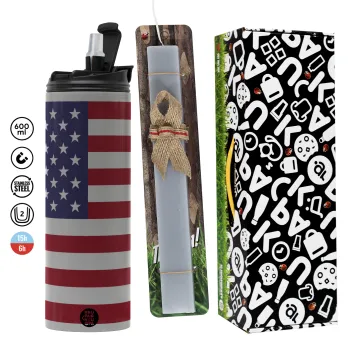 Σημαία Αμερικής, Πασχαλινή Λαμπάδα με Travel Tumbler θερμό (600ml, BPA free) & κερί αρωματικό πλακέ (30cm) (ΓΚΡΙ)