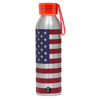 Σημαία Αμερικής, Αλουμινένιο Αθλητικό Μπουκάλι 650ml – Ασημί με Κόκκινο Καπάκι και Λουράκι Σιλικόνης