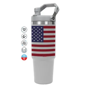 USA Flag, GREY Travel Tumbler with Handle 890ml
