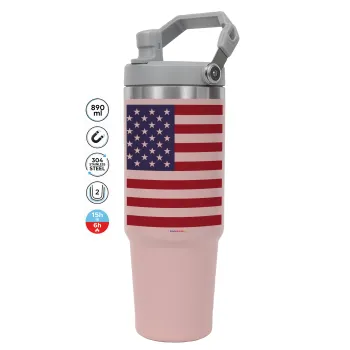 USA Flag, PINK Travel Tumbler with Handle 890ml