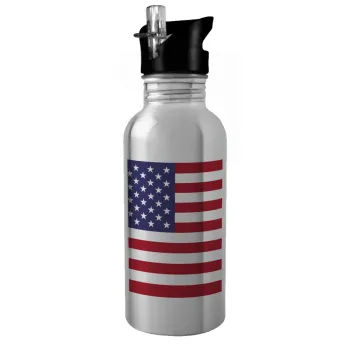 USA Flag, Water bottle Silver with straw, stainless steel 600ml