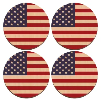 USA Flag, ΣΕΤ x4 Σουβέρ ξύλινα στρογγυλά plywood (9cm)
