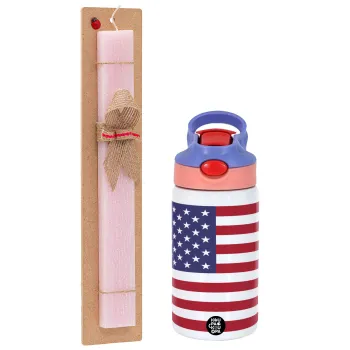 USA Flag, Easter Set, Children's thermal stainless steel water bottle with safety straw, pink/purple (350ml) & Easter scented flat candle (30cm) (PINK)