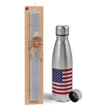 USA Flag, Easter Set, metallic Inox water bottle (750ml) & aromatic flat Easter candle (30cm) (GRAY)