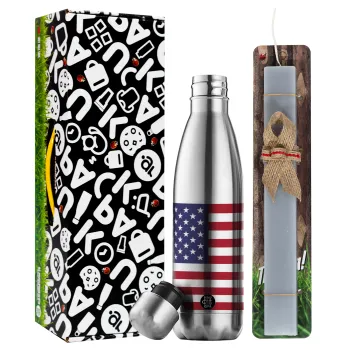 USA Flag, Easter Set, metallic stainless thermos flask (500ml) & scented flat Easter candle (30cm) (GRAY)