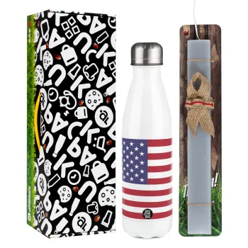 Σημαία Αμερικής, Πασχαλινή Λαμπάδα με μεταλλικό παγούρι θερμός λευκός (500ml) & λαμπάδα αρωματική πλακέ (30cm) (ΓΚΡΙ)