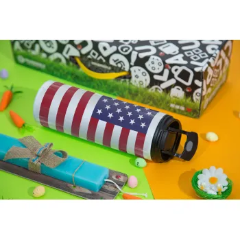 Σημαία Αμερικής, Πασχαλινή Λαμπάδα με Travel Tumbler θερμό με διπλό καπάκι (600ml, BPA free) & κερί αρωματικό πλακέ (30cm) (ΤΙΡΚΟΥΑΖ)