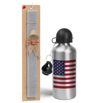 Σημαία Αμερικής, Πασχαλινή Λαμπάδα με παγούρι μεταλλικό Ασημένιο αλουμινίου (500ml) & κερί αρωματικό πλακέ (30cm) (ΓΚΡΙ)