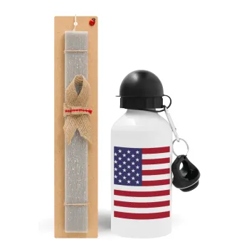 USA Flag, Easter Set, metallic aluminum water bottle (500ml) & aromatic flat Easter candle (30cm) (GRAY)
