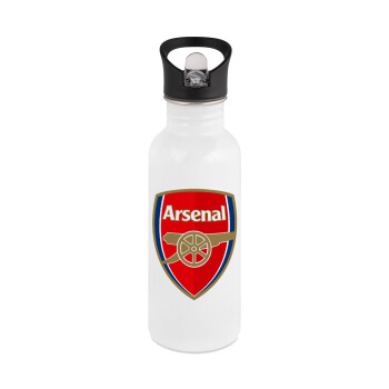 Arsenal, White water bottle with straw, stainless steel 600ml