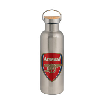 Arsenal, Μεταλλικό παγούρι θερμός (Stainless steel) Ασημένιο με ξύλινο καπακι (bamboo), διπλού τοιχώματος, 750ml