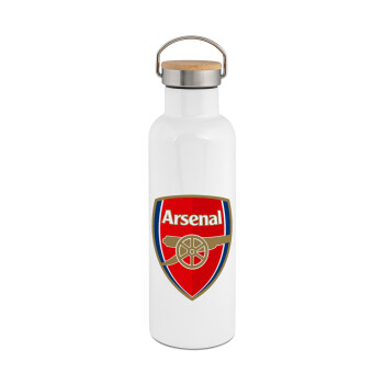 Arsenal, Μεταλλικό παγούρι θερμός (Stainless steel) Λευκό με ξύλινο καπάκι (bamboo), διπλού τοιχώματος, 750ml