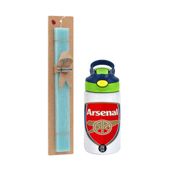 Arsenal, Easter Set, Children's thermal stainless steel bottle with safety straw, green/blue (350ml) & aromatic flat Easter candle (30cm) (TURQUOISE)
