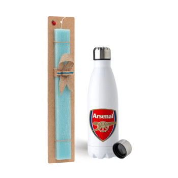 Arsenal, Easter Set, metallic stainless steel water bottle (750ml) & aromatic flat Easter candle (30cm) (TURQUOISE)
