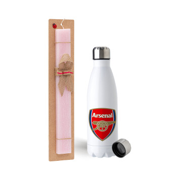 Arsenal, Easter Set, metallic stainless steel water bottle (750ml) & scented flat Easter candle (30cm) (PINK)