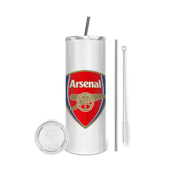 Arsenal, Eco friendly ποτήρι θερμό (tumbler) από ανοξείδωτο ατσάλι 600ml, με μεταλλικό καλαμάκι & βούρτσα καθαρισμού
