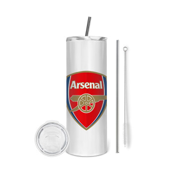 Arsenal, Tumbler ποτήρι θερμό από ανοξείδωτο ατσάλι 600ml, με μεταλλικό καλαμάκι & βούρτσα καθαρισμού