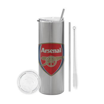 Arsenal, Eco friendly ποτήρι θερμό Ασημένιο (tumbler) από ανοξείδωτο ατσάλι 600ml, με μεταλλικό καλαμάκι & βούρτσα καθαρισμού