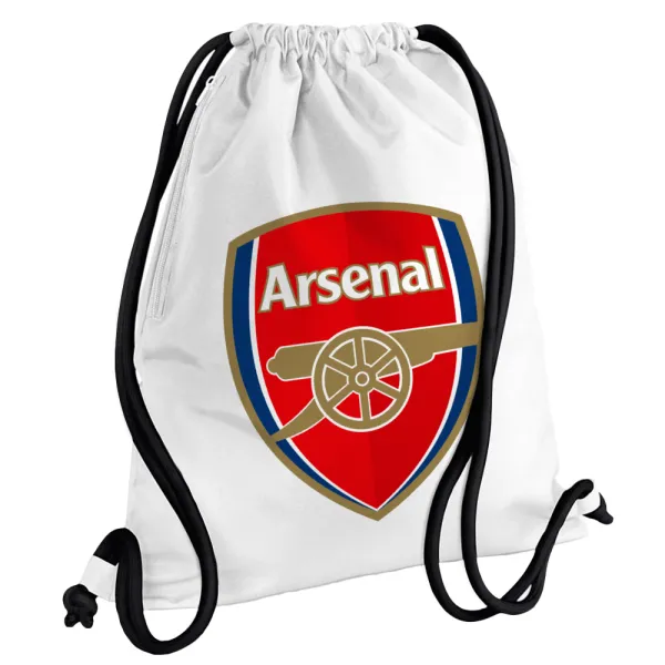 Arsenal — Τσάντα πλάτης πουγκί GYMBAG λευκή, με τσέπη (40x48cm) & χονδρά κορδόνια