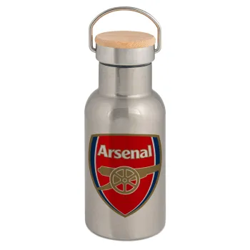 Arsenal, Μεταλλικό παγούρι θερμός (Stainless steel) Ασημένιο με ξύλινο καπακι (bamboo), διπλού τοιχώματος, 350ml